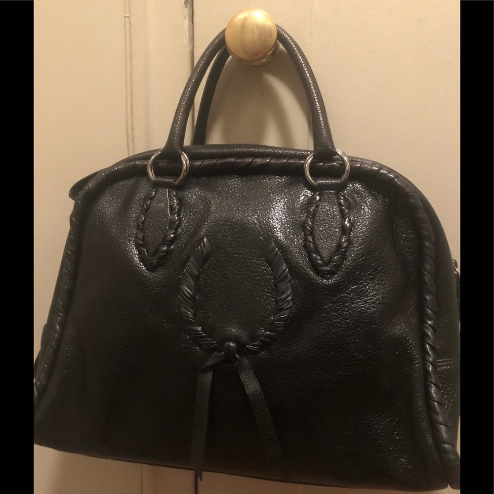 Gorgeous RARE Vintage Nina Ricci black leather satchel with detail braiding